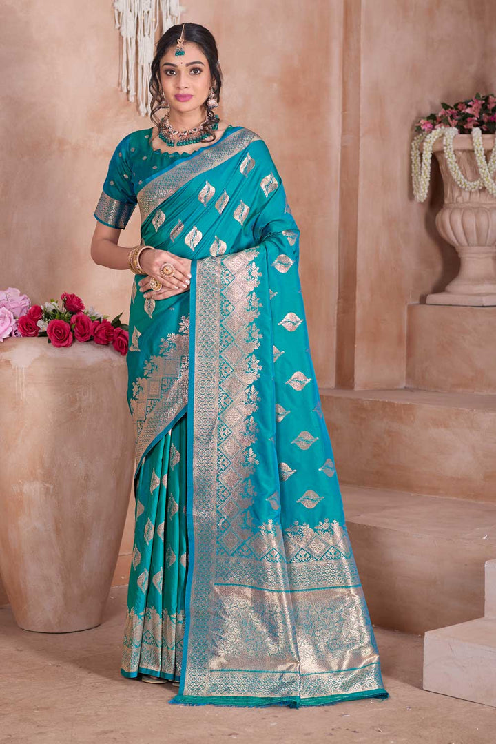 Dazzling Cyan Color Weaving Banarasi Jari Silk Saree