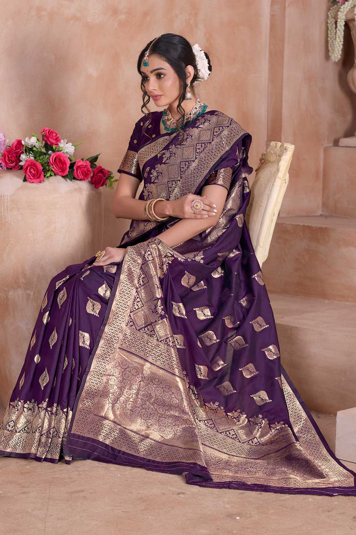 Radiant Wine Color Weaving Banarasi Jari Silk Saree