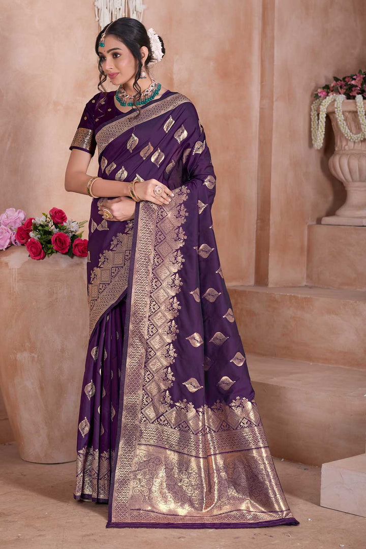 Radiant Wine Color Weaving Banarasi Jari Silk Saree