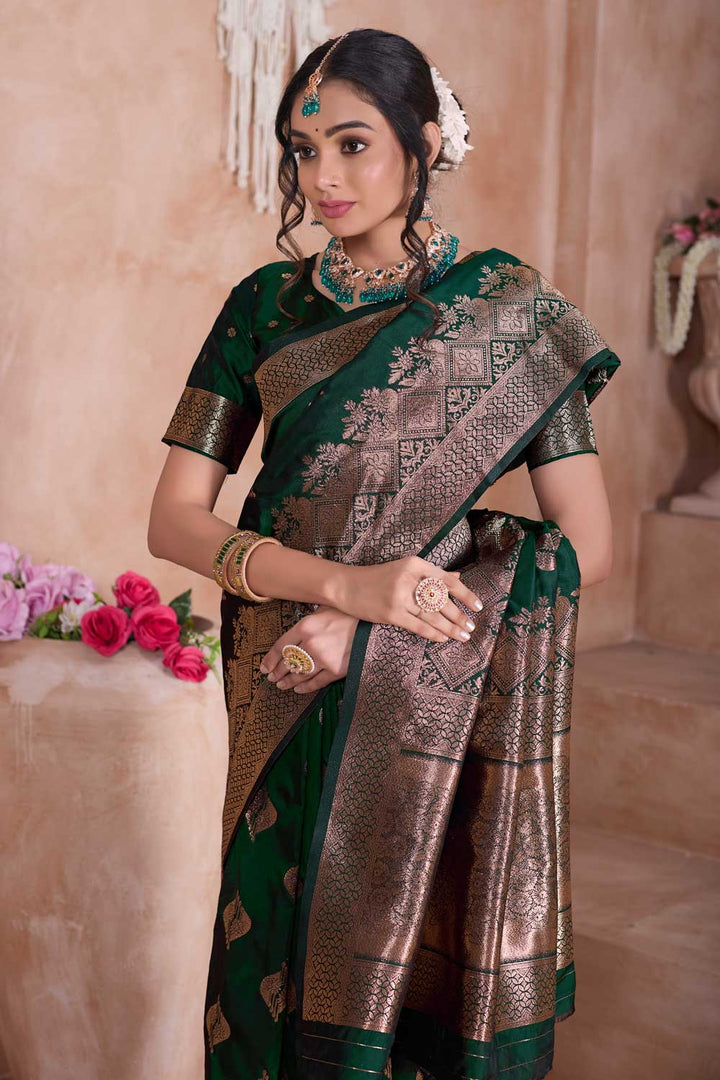 Excellent Dark Green Color Weaving Banarasi Jari Silk Saree