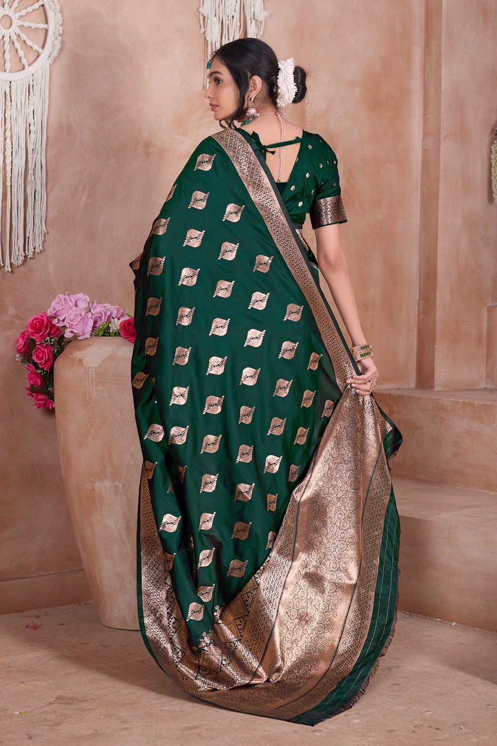 Excellent Dark Green Color Weaving Banarasi Jari Silk Saree