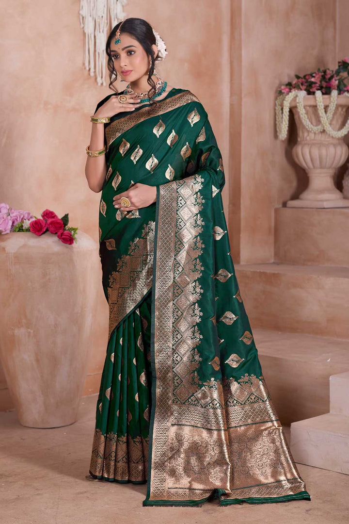 Excellent Dark Green Color Weaving Banarasi Jari Silk Saree