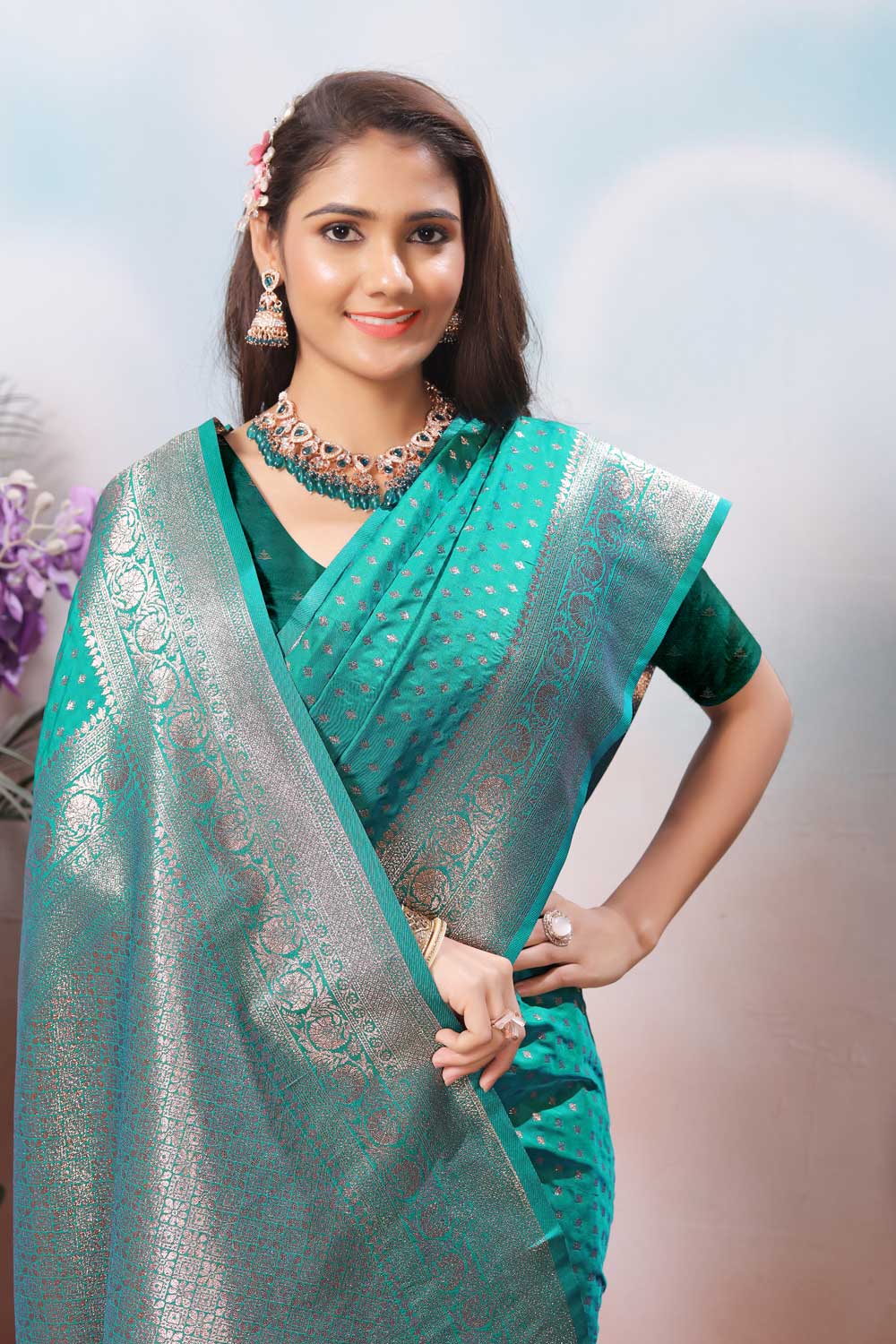 Engaging Sea Green Color Weaving Banarasi Jari Silk Saree