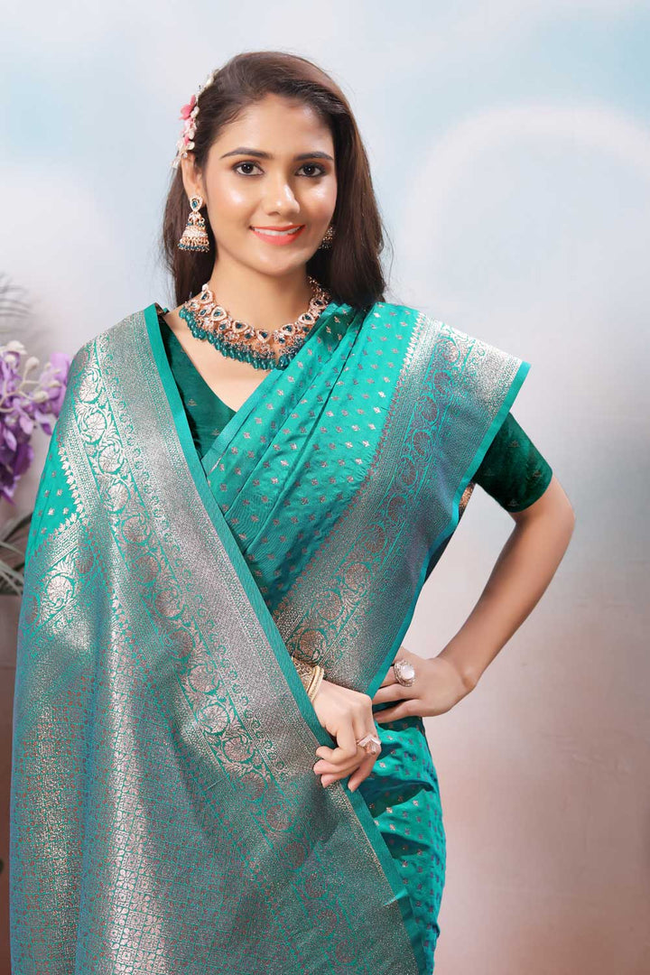 Engaging Sea Green Color Weaving Banarasi Jari Silk Saree