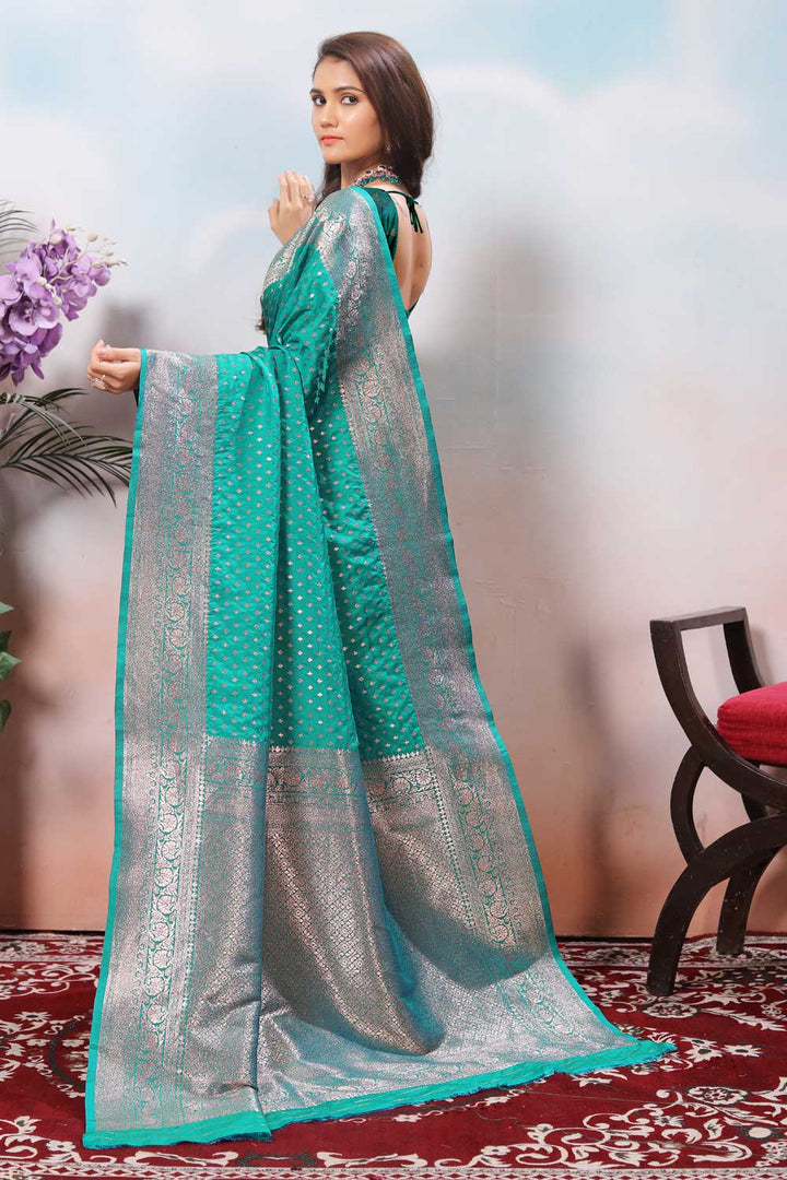 Engaging Sea Green Color Weaving Banarasi Jari Silk Saree