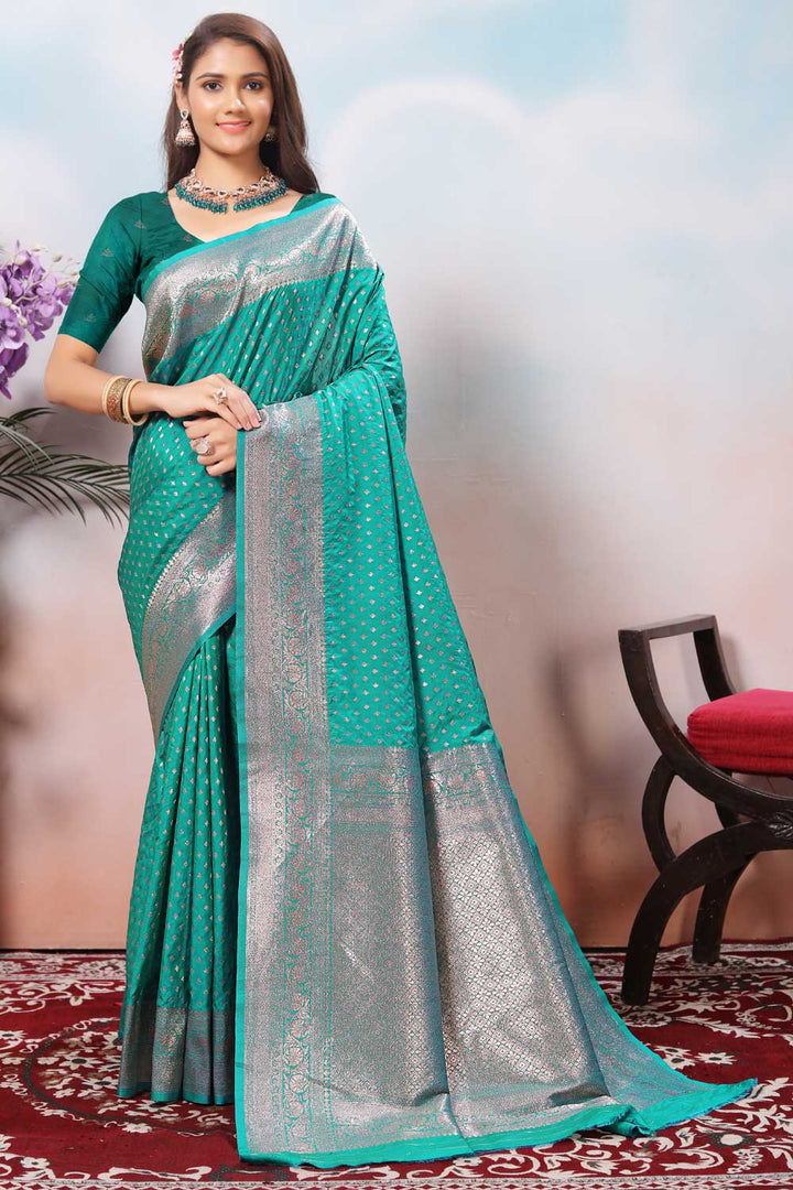 Engaging Sea Green Color Weaving Banarasi Jari Silk Saree