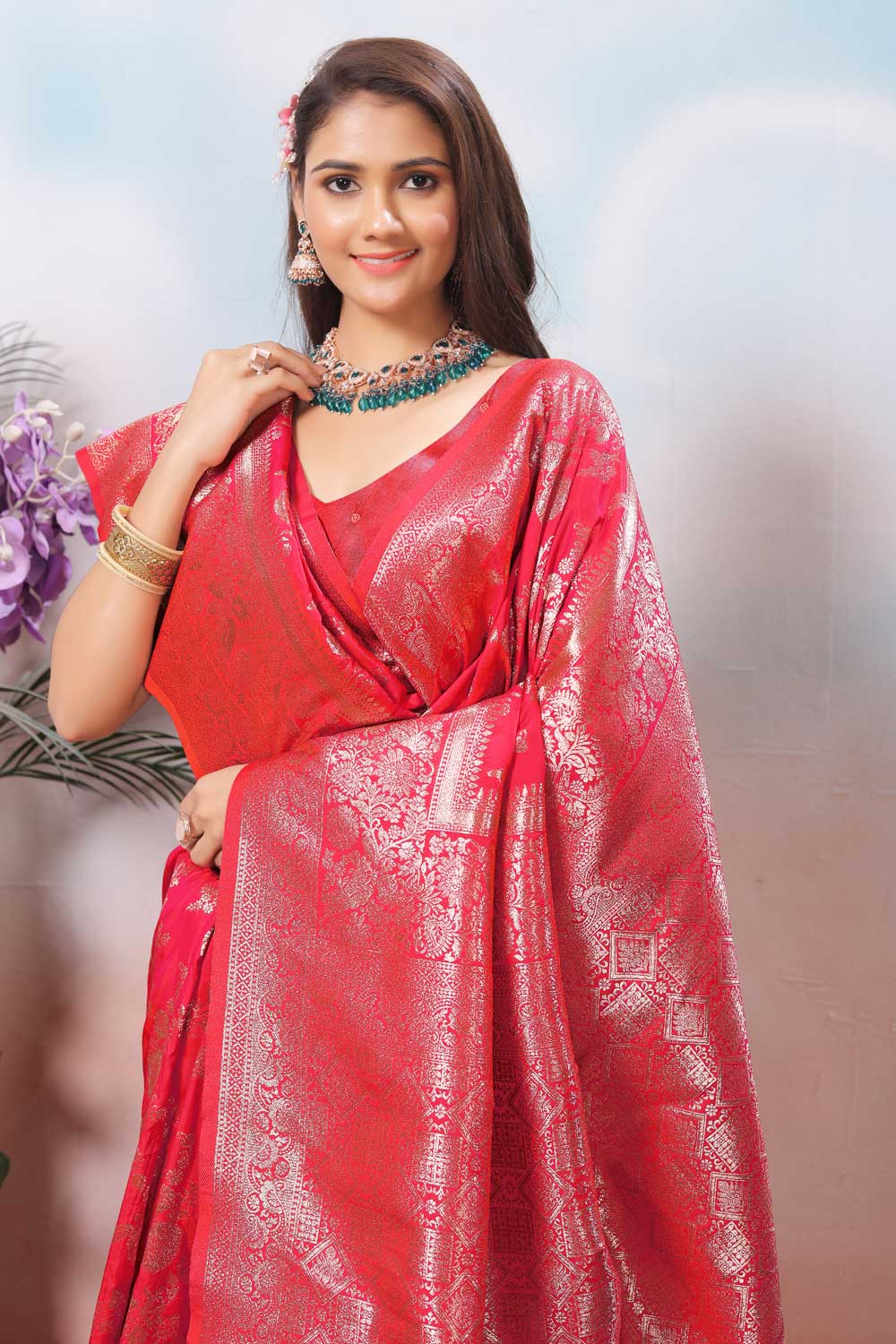 Art Silk Weaving Banarasi Jari Work Saree In Pink Color
