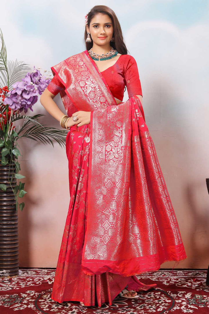 Art Silk Weaving Banarasi Jari Work Saree In Pink Color