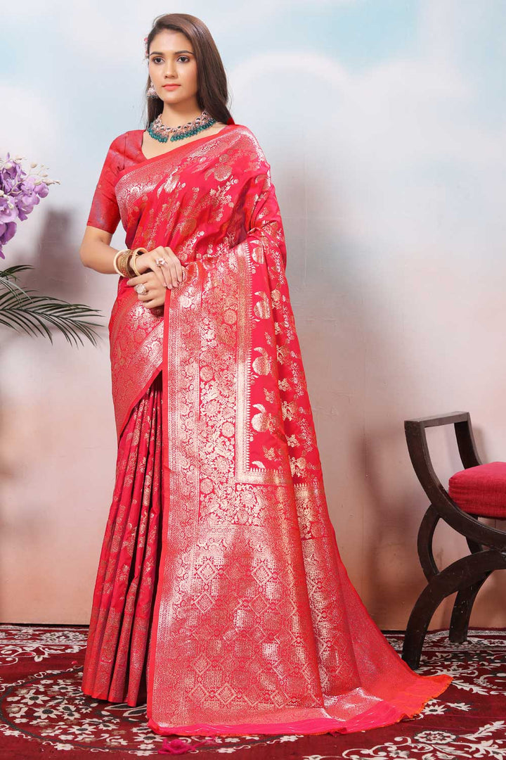 Art Silk Weaving Banarasi Jari Work Saree In Pink Color