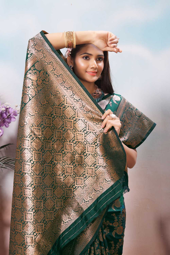 Art Silk Weaving Banarasi Jari Work Saree In Green Color