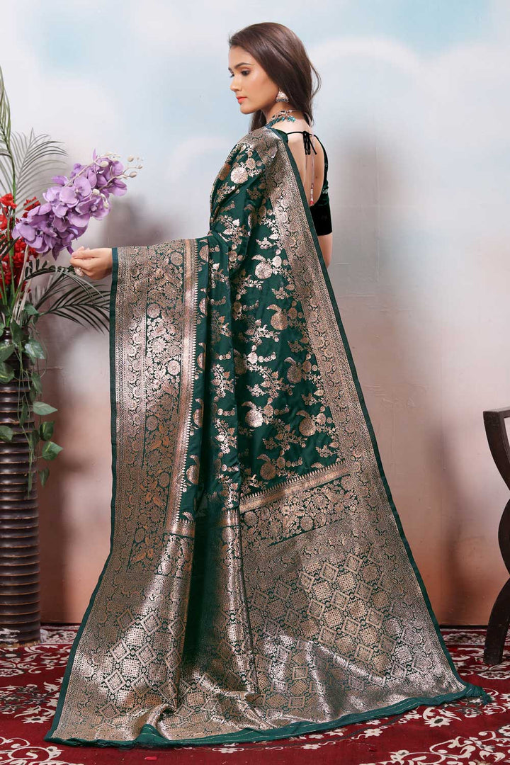 Art Silk Weaving Banarasi Jari Work Saree In Green Color