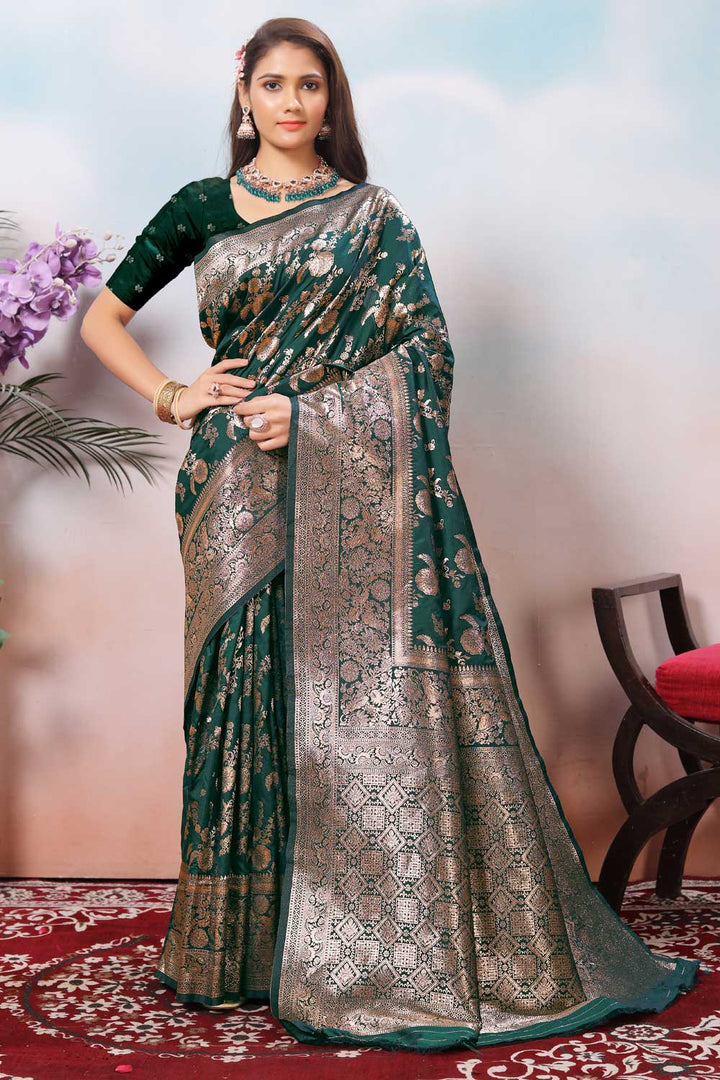 Art Silk Weaving Banarasi Jari Work Saree In Green Color