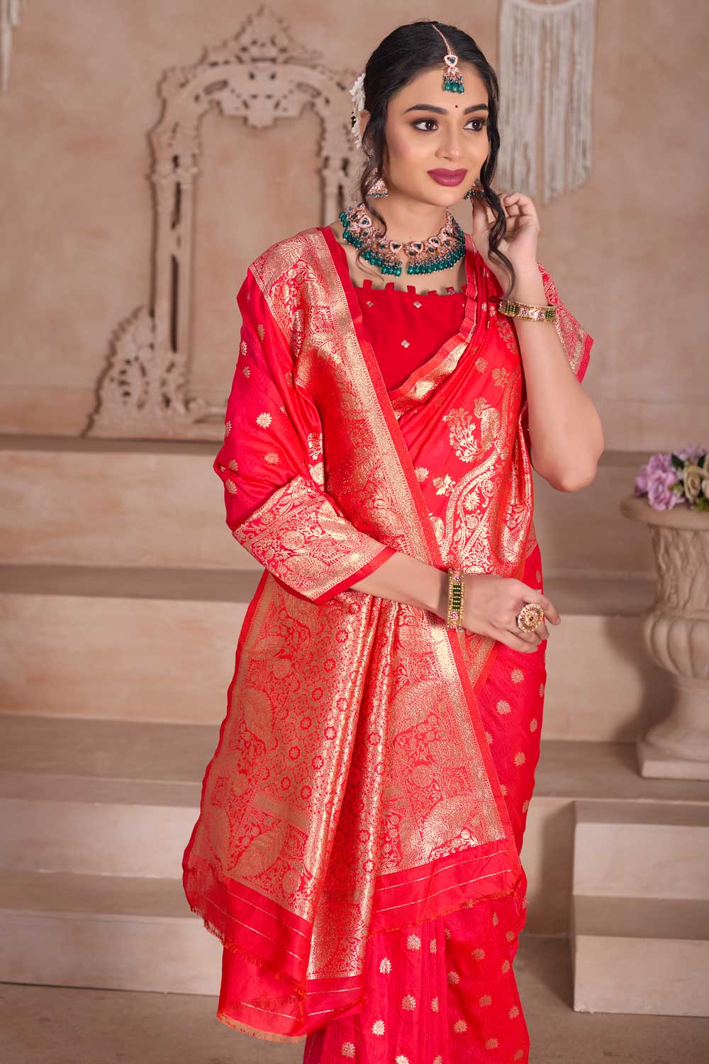 Art Silk Fabric Weaving Banarasi Jari Red Color Amazing Saree