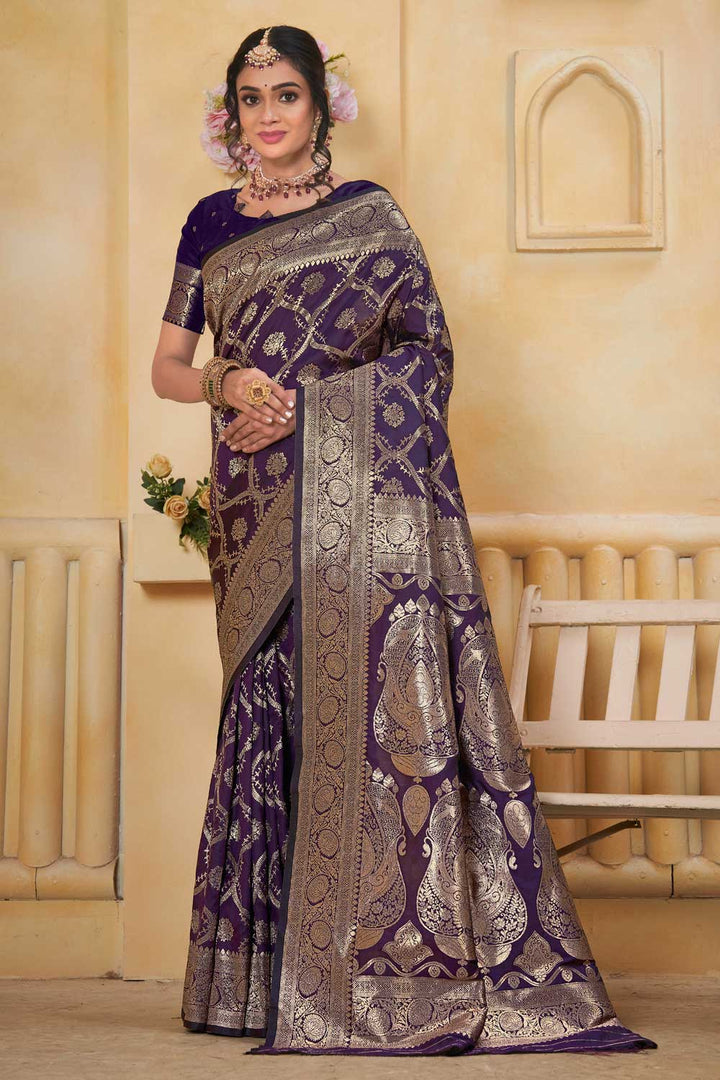 Art Silk Trendy Wine Color Weaving Banarasi Jari Saree