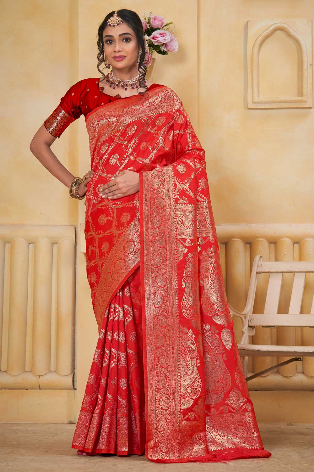 Orange Color Weaving Banarasi Jari Classic Art Silk Saree