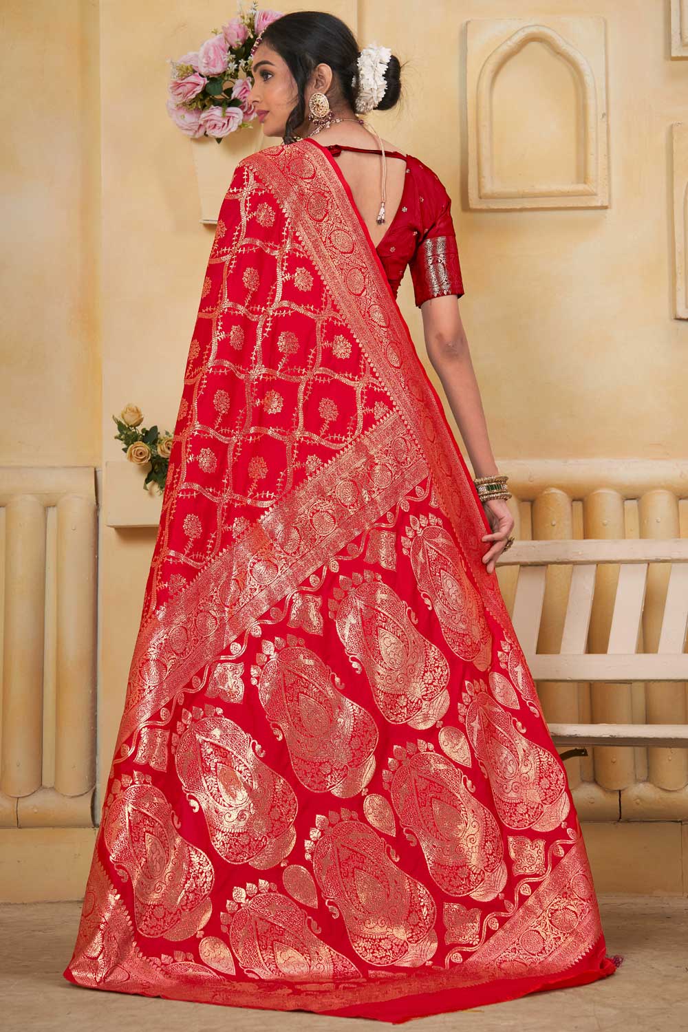 Orange Color Weaving Banarasi Jari Classic Art Silk Saree