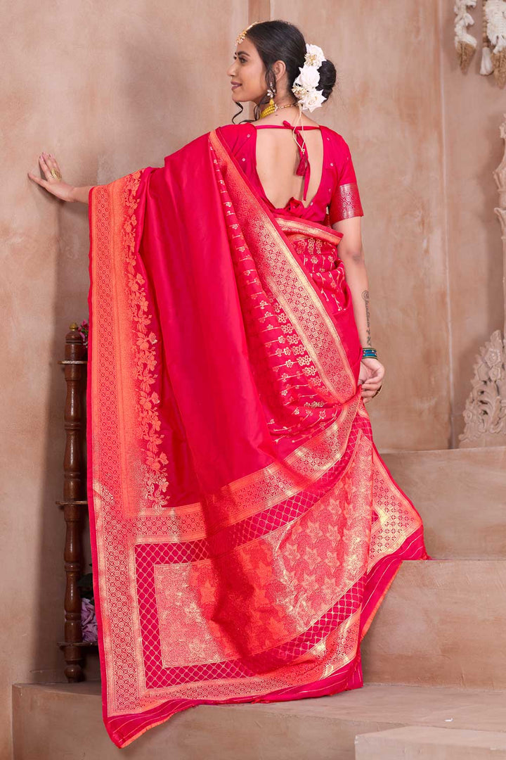 Art Silk Fabric Weaving Banarasi Jari Work Pink Saree
