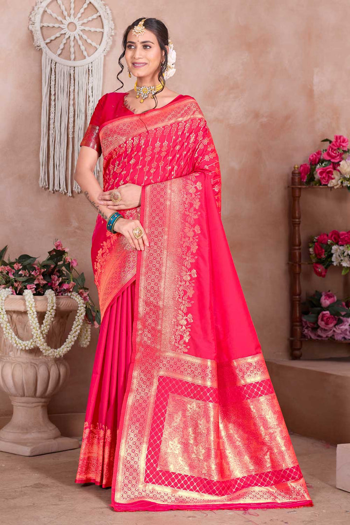 Art Silk Fabric Weaving Banarasi Jari Work Pink Saree