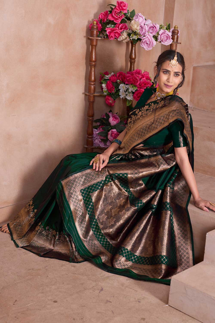 Art Silk Weaving Banarasi Jari Work Saree In Dark Green Color
