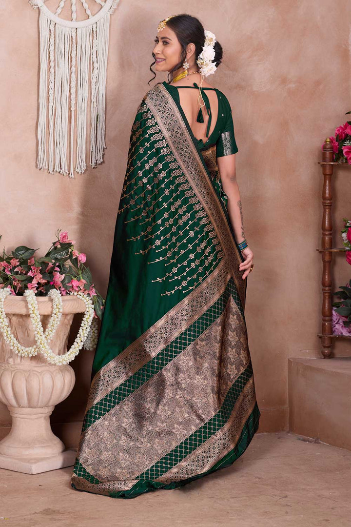 Art Silk Weaving Banarasi Jari Work Saree In Dark Green Color