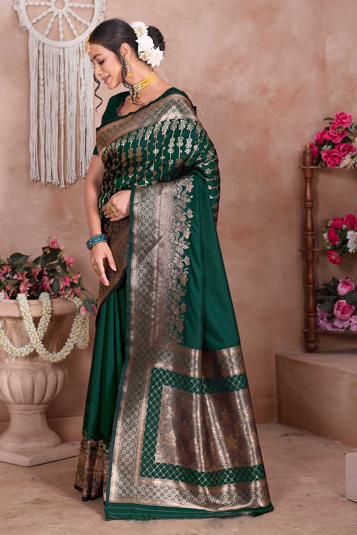 Art Silk Weaving Banarasi Jari Work Saree In Dark Green Color