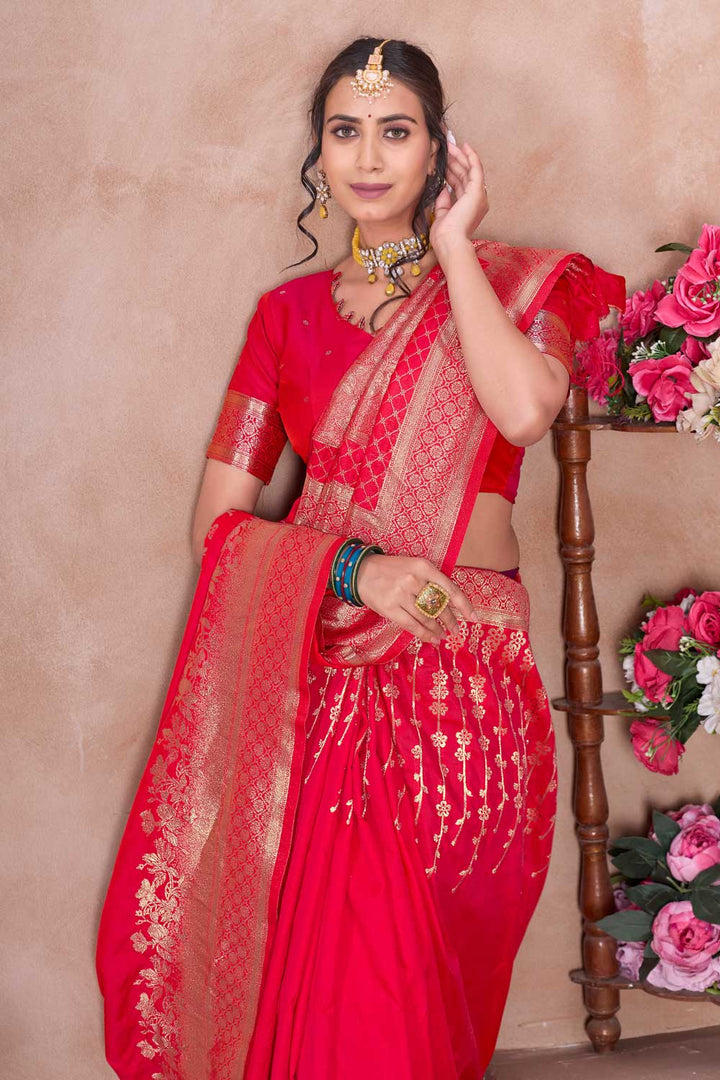 Red Art Silk Weaving Banarasi Jari Work Saree For Festive Wear