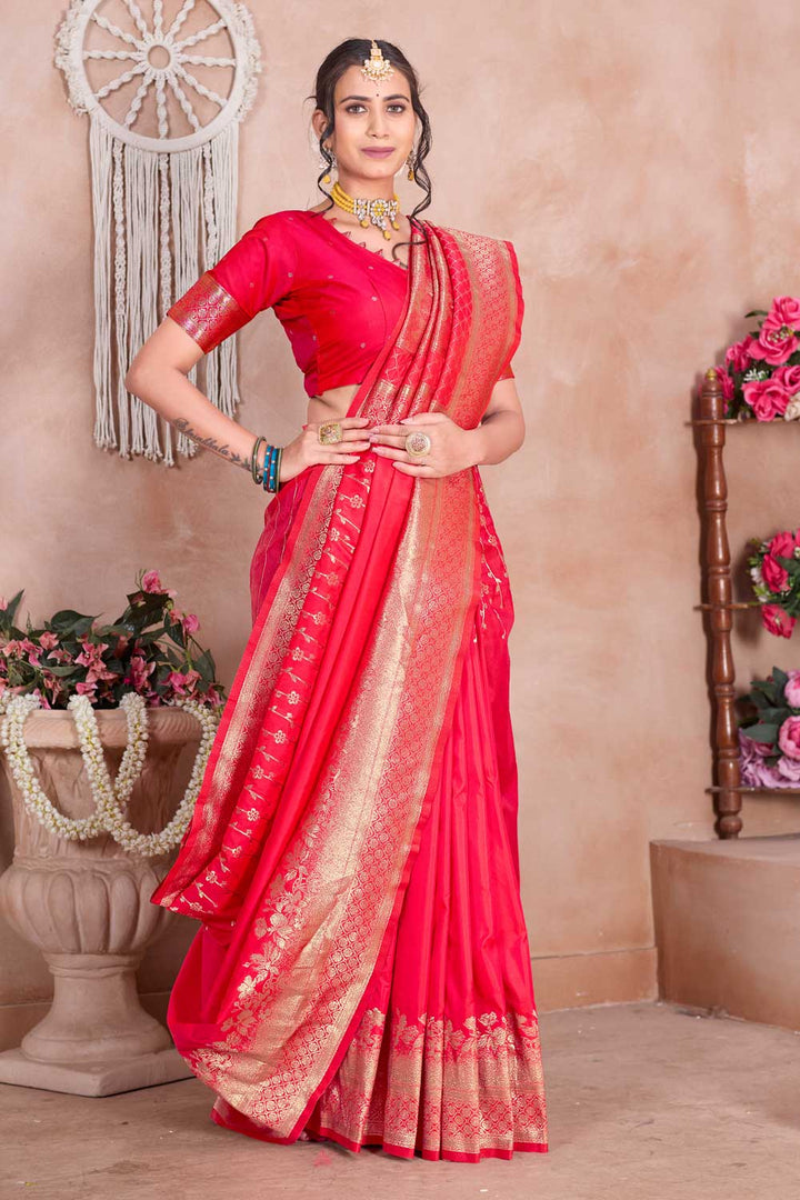 Red Art Silk Weaving Banarasi Jari Work Saree For Festive Wear