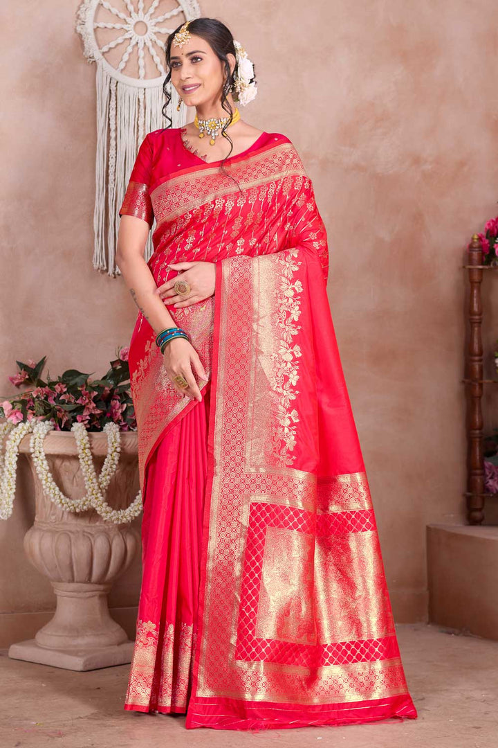 Red Art Silk Weaving Banarasi Jari Work Saree For Festive Wear