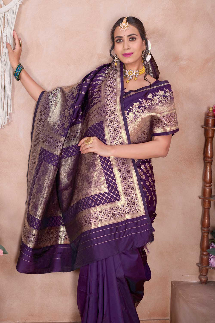 Purple Art Silk Weaving Banarasi Jari Work Saree for Festival