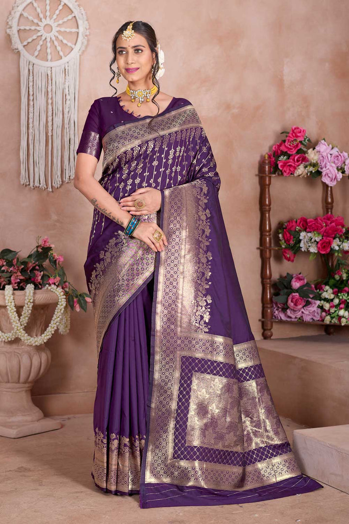 Purple Art Silk Weaving Banarasi Jari Work Festive Wear Saree