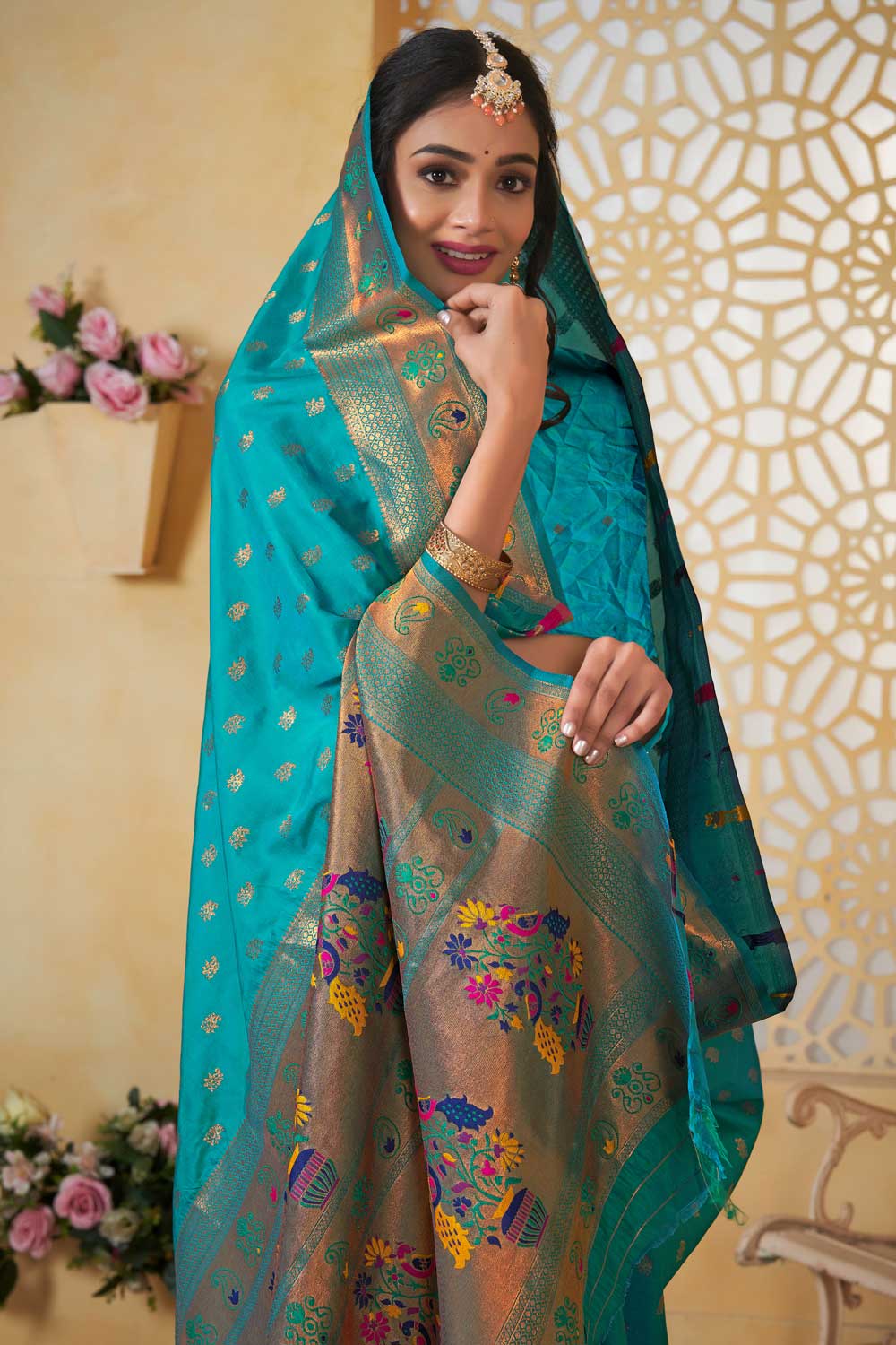 Cyan Color Festive Look Fancy Pallu and Border Work Paithani Silk Saree | Buy Online India