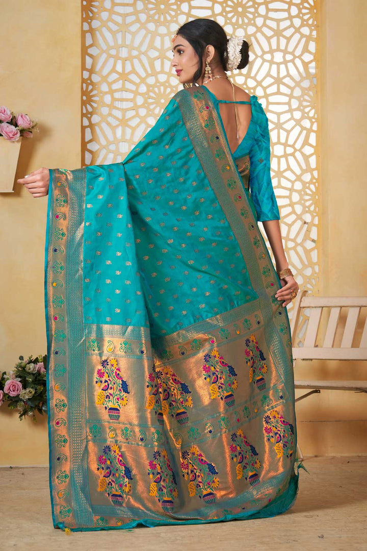Cyan Color Festive Look Fancy Pallu and Border Work Paithani Silk Saree | Buy Online India