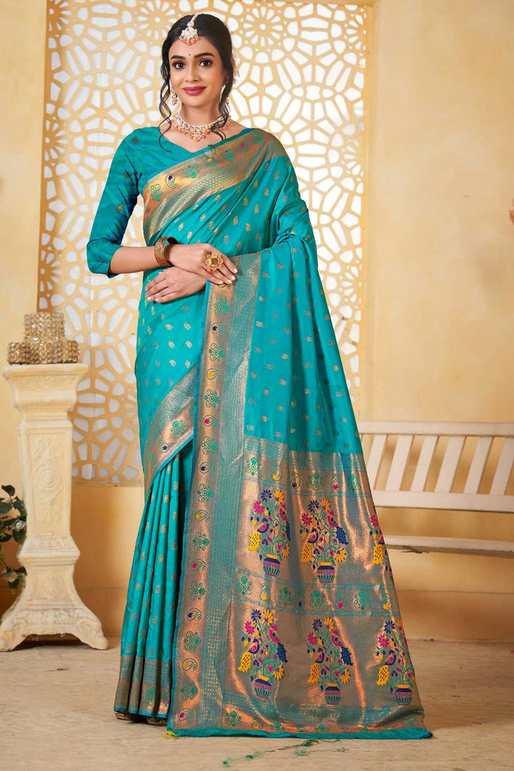 Cyan Color Festive Look Fancy Pallu and Border Work Paithani Silk Saree | Buy Online India