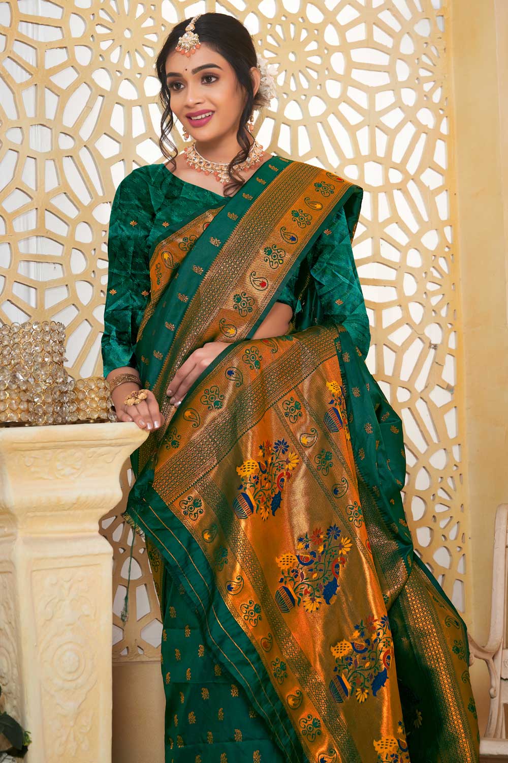 Green Color Traditional Fancy Pallu and Border Work Paithani Silk Saree | Buy Online India