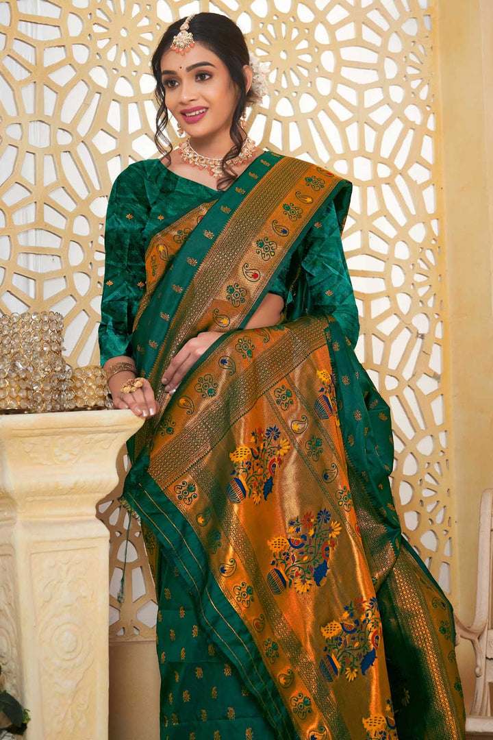 Green Color Traditional Fancy Pallu and Border Work Paithani Silk Saree | Buy Online India