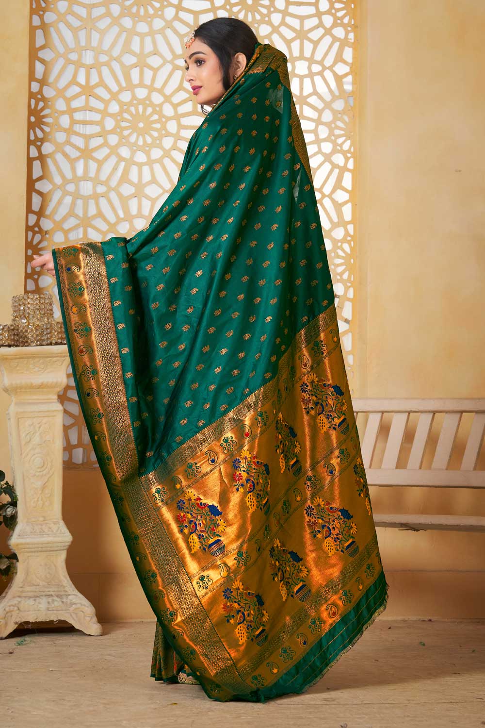 Green Color Traditional Fancy Pallu and Border Work Paithani Silk Saree | Buy Online India