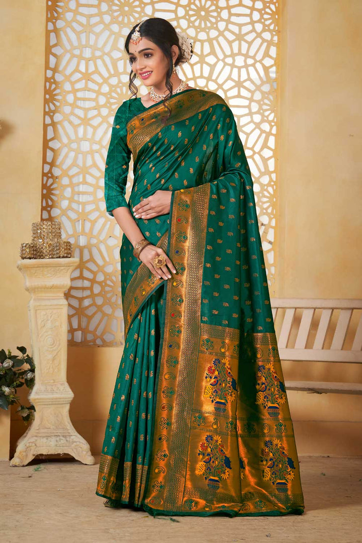 Green Color Traditional Fancy Pallu and Border Work Paithani Silk Saree | Buy Online India