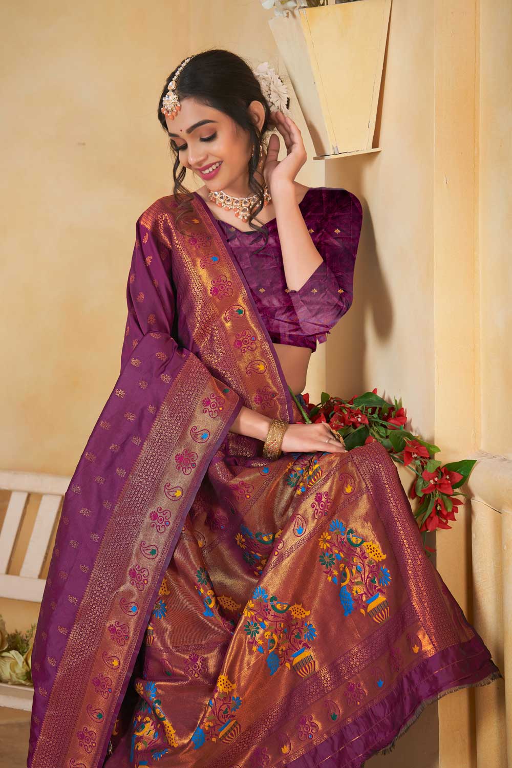 Ingenious Fancy Pallu and Border Work Wine Color Paithani Silk Saree | Buy Online India