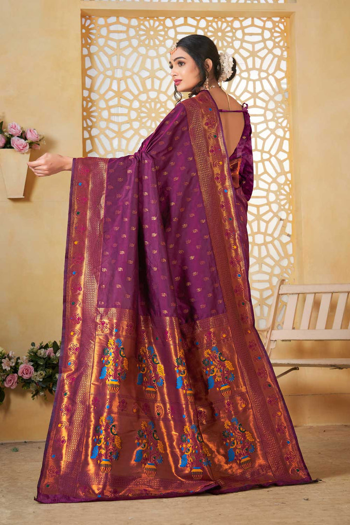 Ingenious Fancy Pallu and Border Work Wine Color Paithani Silk Saree | Buy Online India