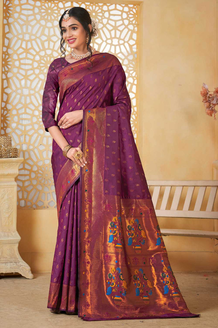 Ingenious Fancy Pallu and Border Work Wine Color Paithani Silk Saree | Buy Online India