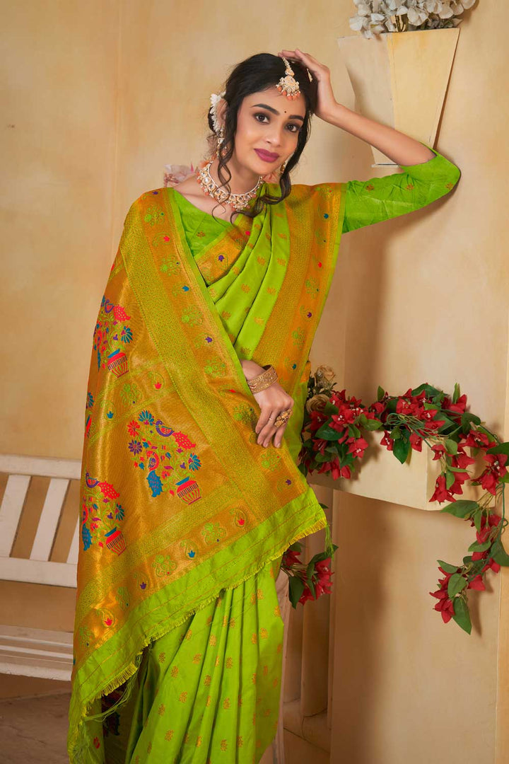 Lovely Light Green Color Fancy Pallu and Border Work Paithani Silk Saree | Buy Online India
