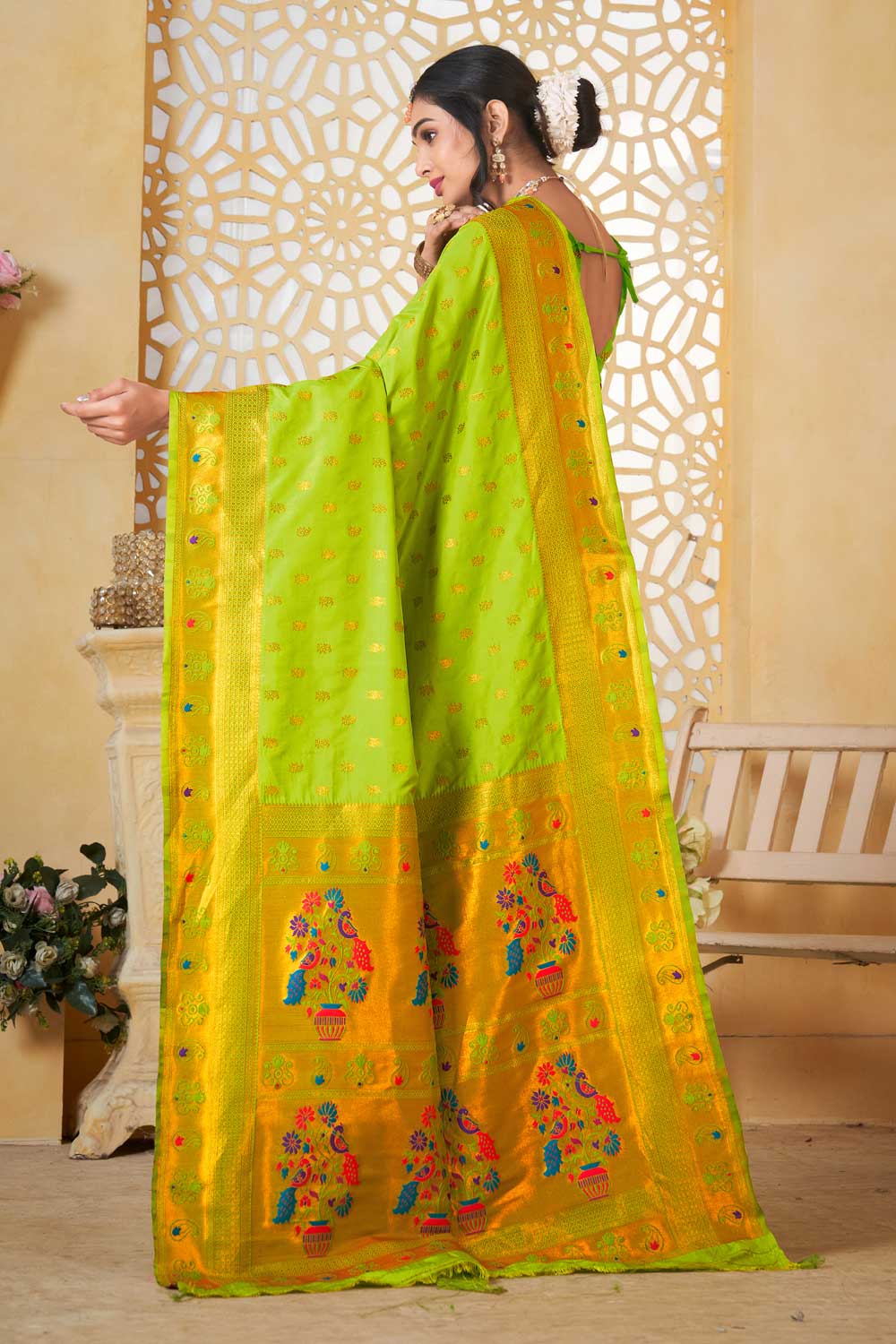 Lovely Light Green Color Fancy Pallu and Border Work Paithani Silk Saree | Buy Online India