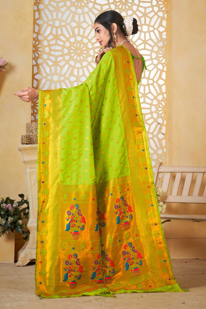 Lovely Light Green Color Fancy Pallu and Border Work Paithani Silk Saree | Buy Online India