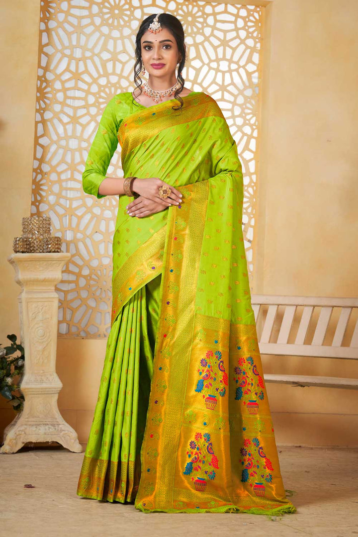 Lovely Light Green Color Fancy Pallu and Border Work Paithani Silk Saree | Buy Online India