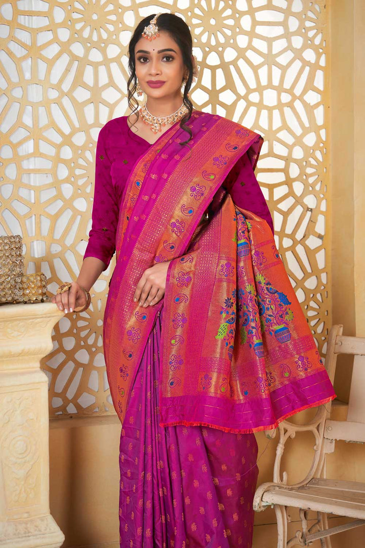 Magenta Color Gorgeous Fancy Pallu and Border Work Paithani Silk Saree