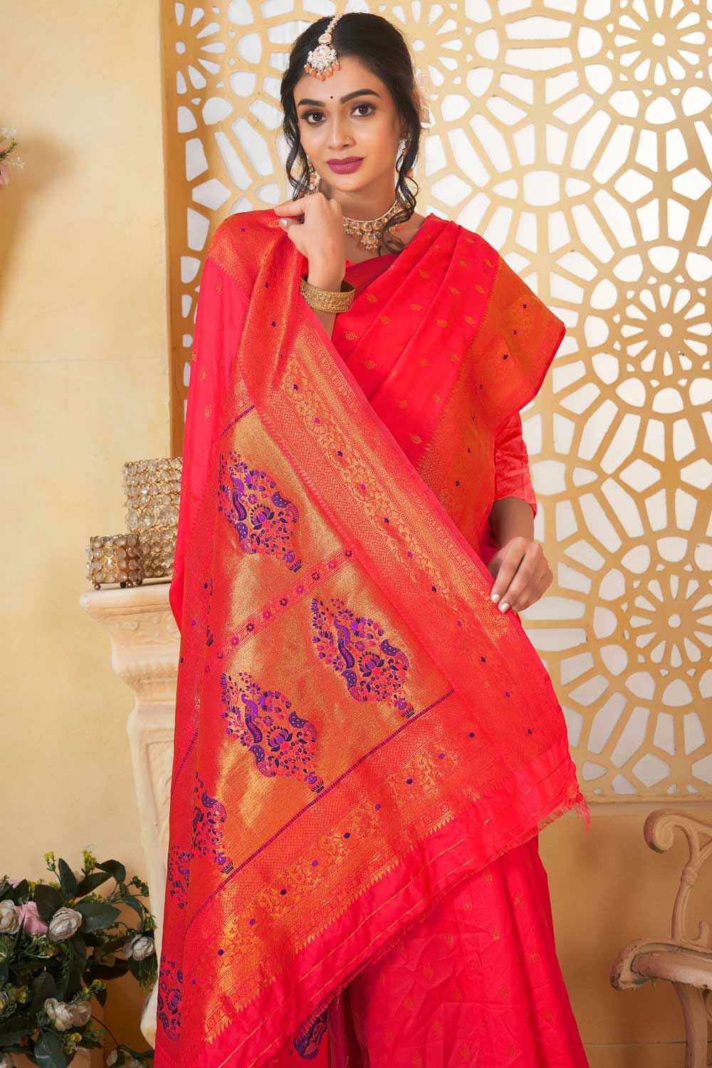 Peach Color Paithani Silk Stunning Saree For Festive