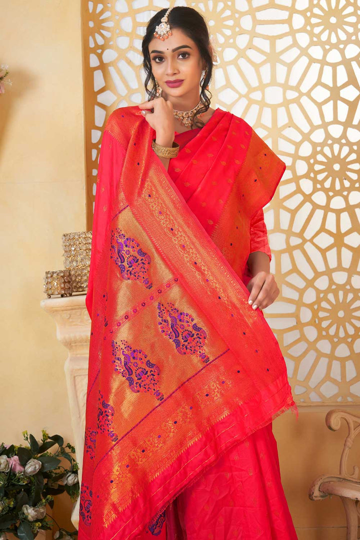Peach Color Paithani Silk Stunning Saree For Festive