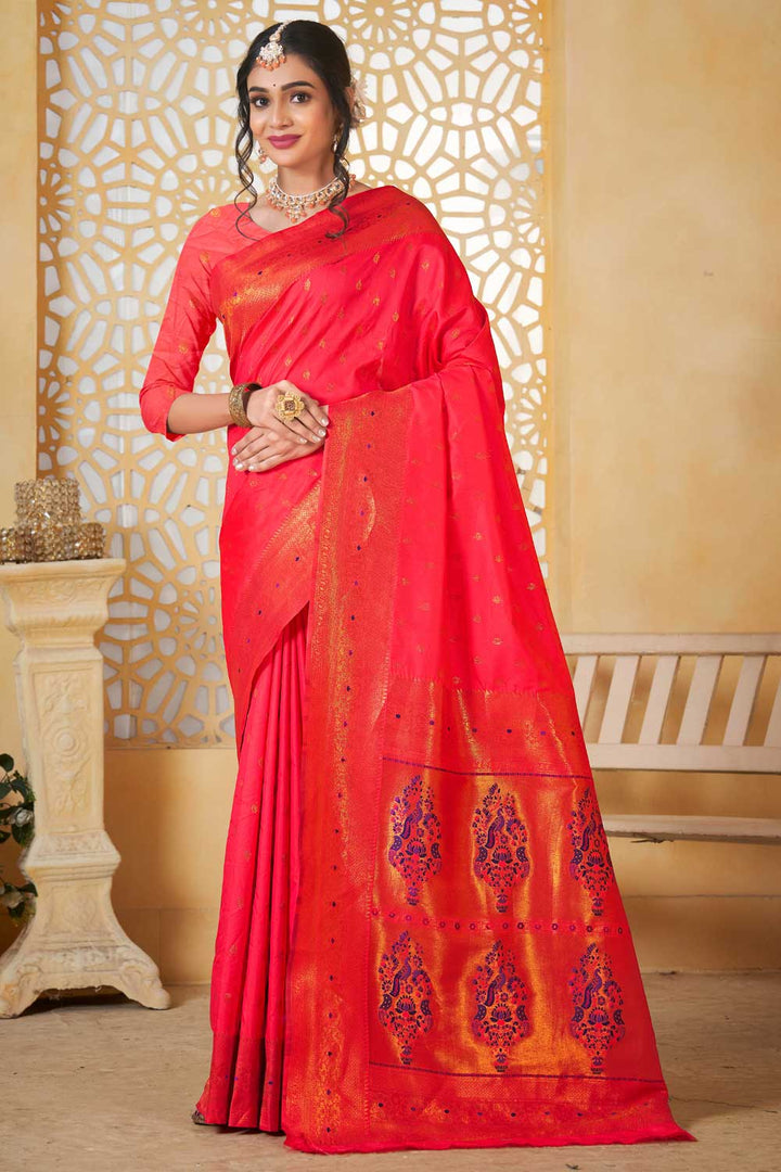 Peach Color Paithani Silk Stunning Saree For Festive