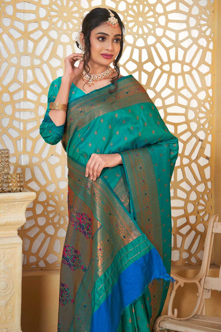 Incredible Traditional Paithani Silk Sea Green Color Saree