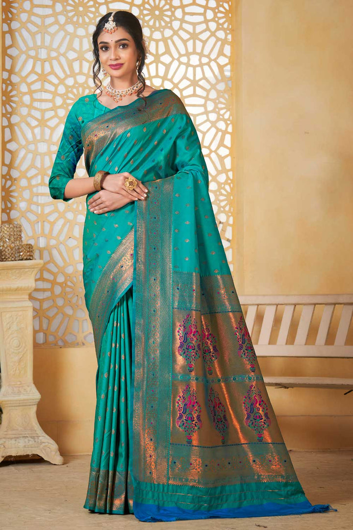 Incredible Traditional Paithani Silk Sea Green Color Saree
